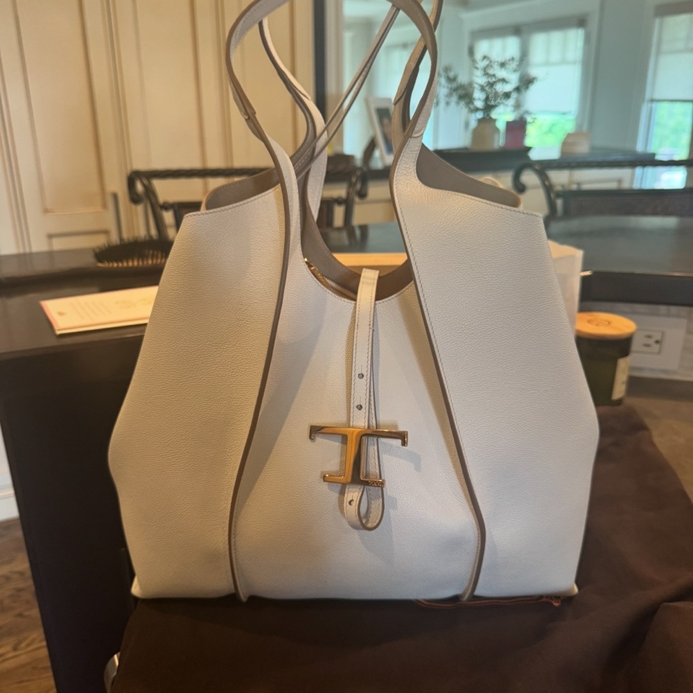 Tod's White Leather Tote with Tan Accents